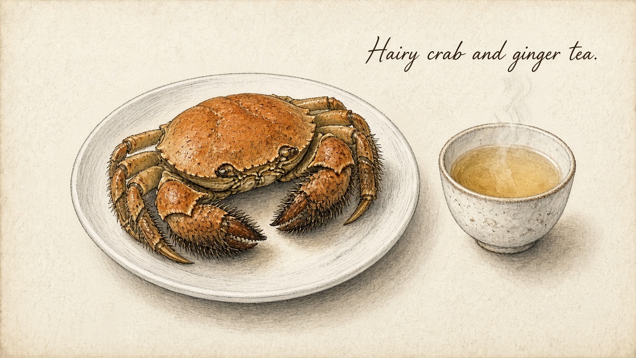 Hairy crab and ginger tea. A steamed crab on a plate beside a cup of ginger tea.