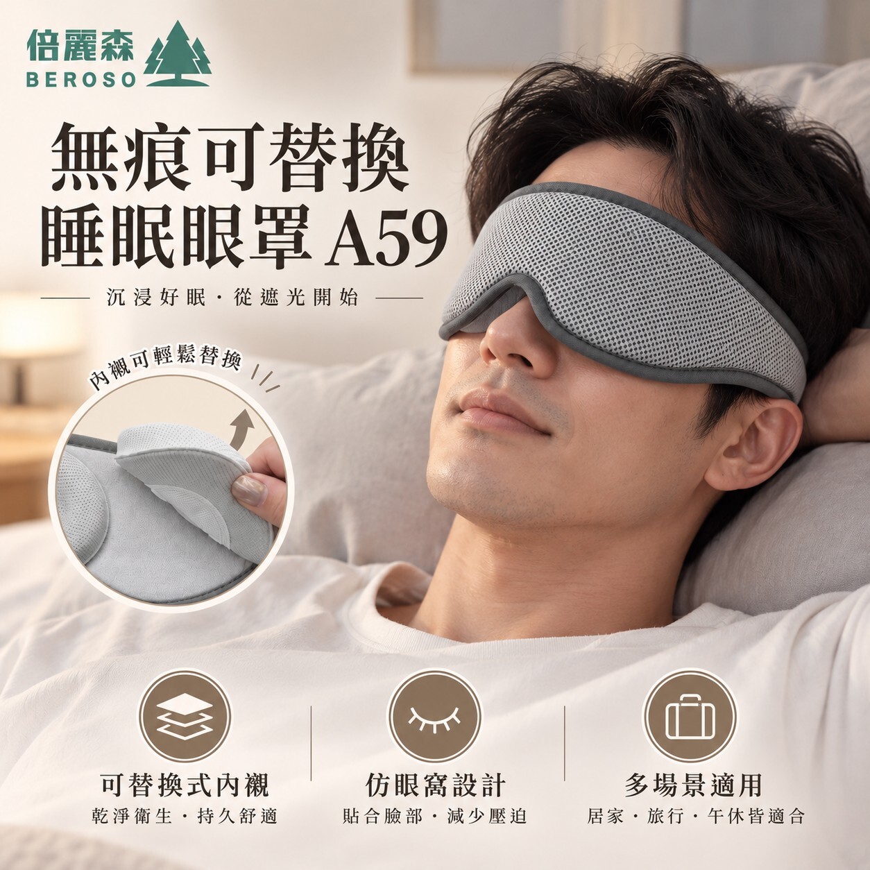 Cooling, non-tracking, replaceable 5D sleep eye mask