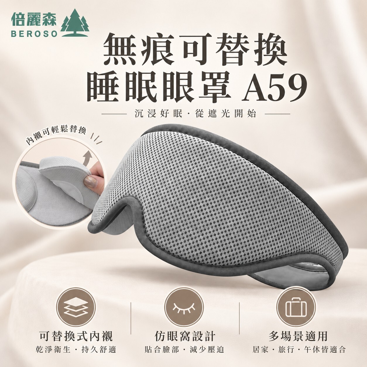 Cooling, non-tracking, replaceable 5D sleep eye mask