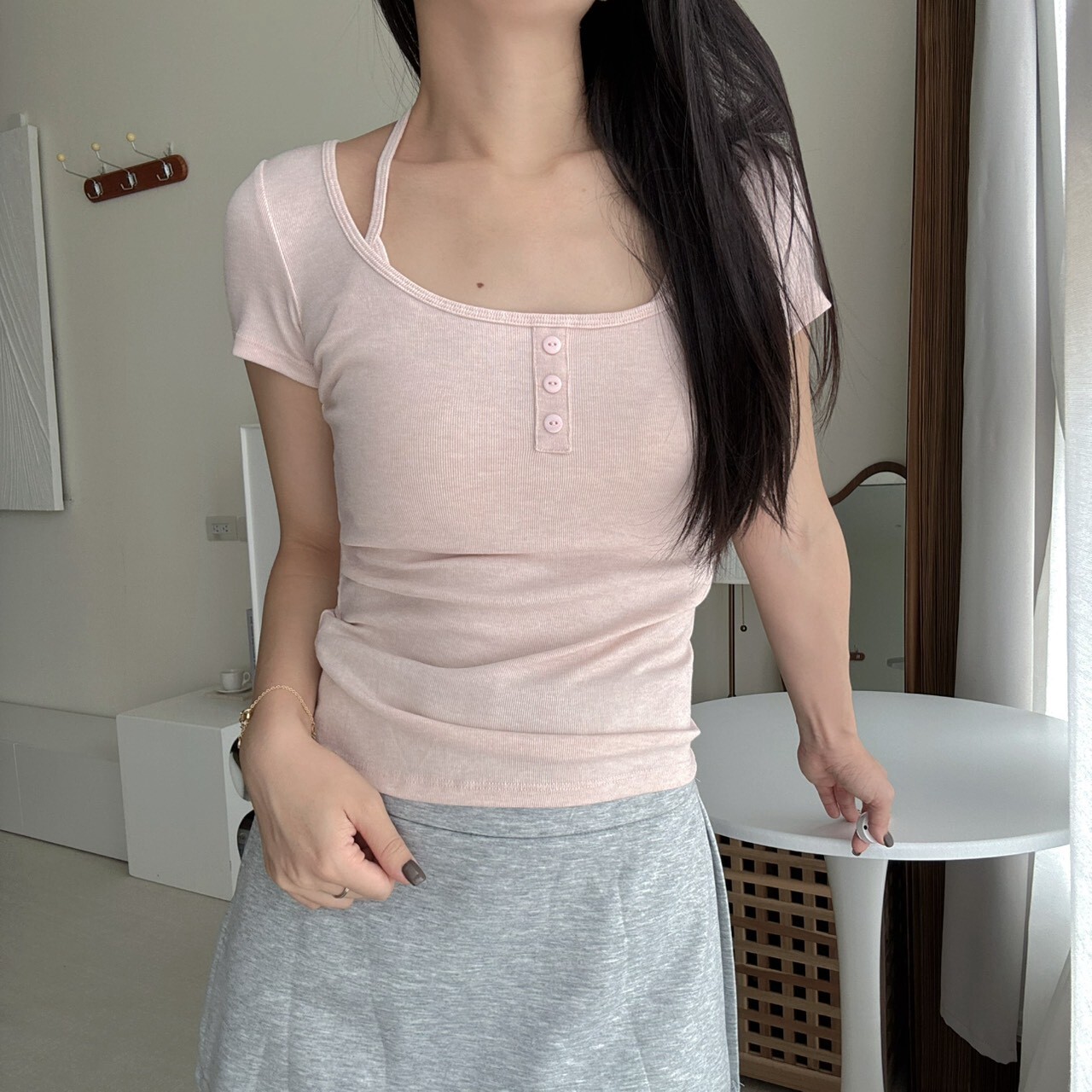 溫柔三扣假兩件短袖bra T（預購）