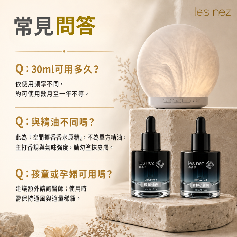 Les nez 香鼻子擴香香水原精30ml常見問題,說明使用時間、與天然純精油的差異,以及兒童與孕婦使用的注意事項,搭配水氧機及滴管瓶展示。