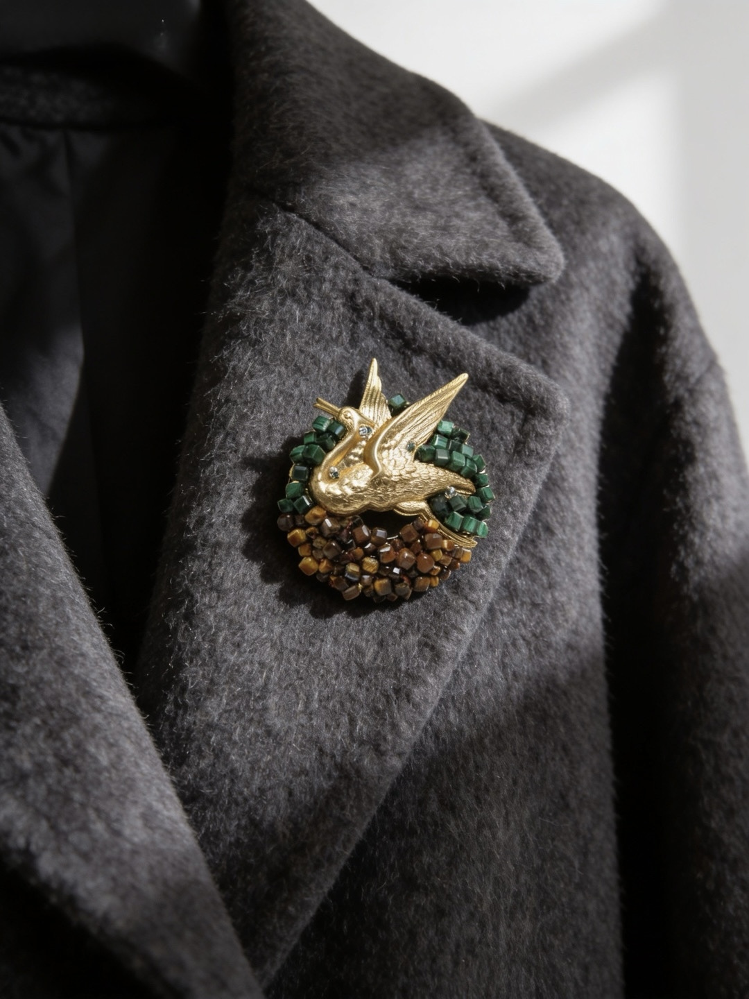 COLE COOL Hand-Beading Series -  Malachite & Tiger's eye crane brooch