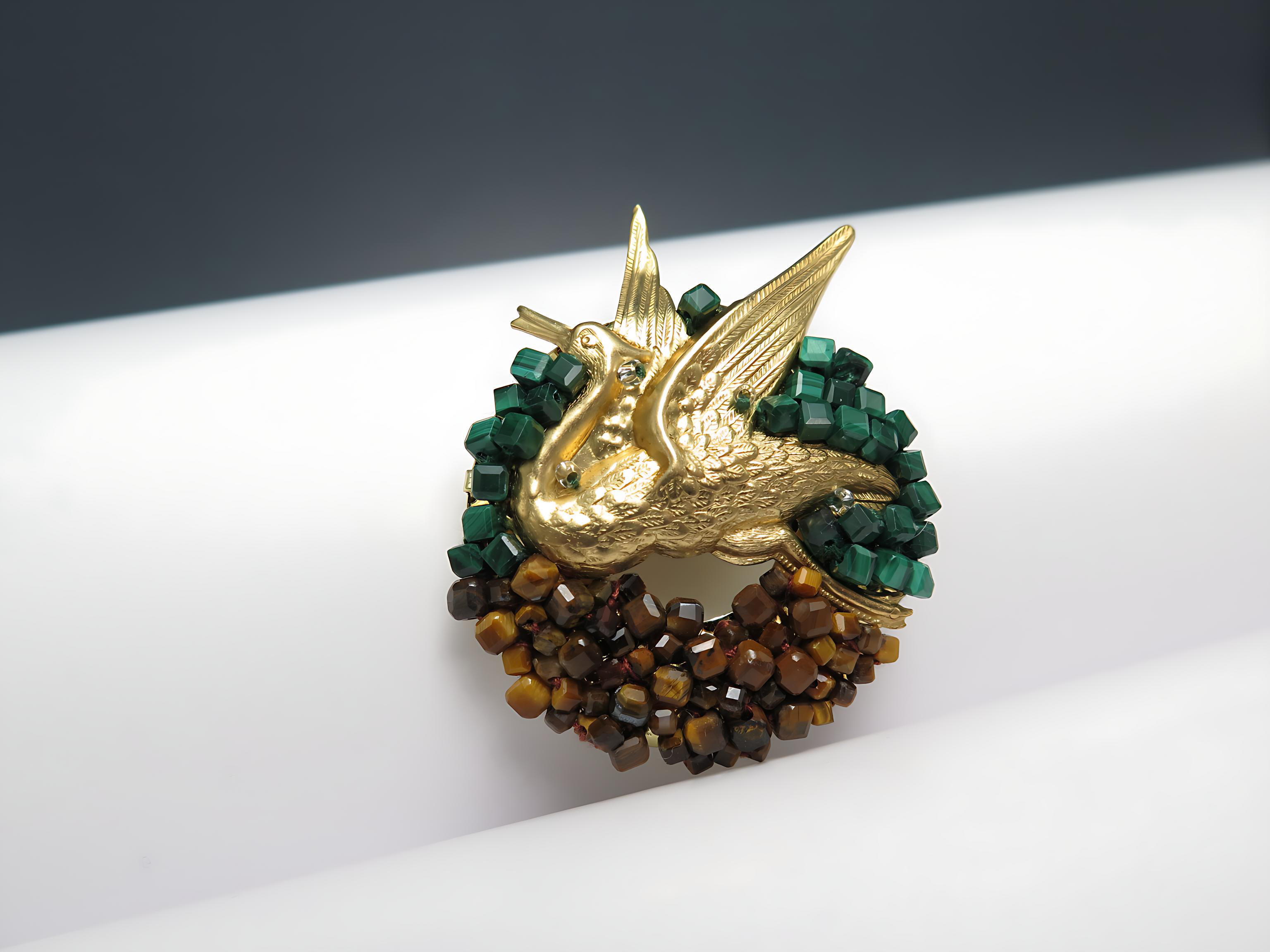 COLE COOL Hand-Beading Series -  Malachite & Tiger's eye crane brooch