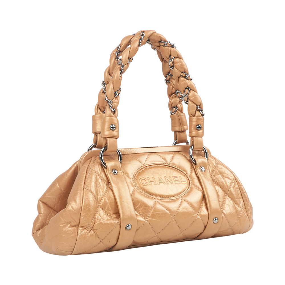 【CHANEL】圓形Logo 銀釦菱格紋小牛皮口金包/手提包(古銅金)