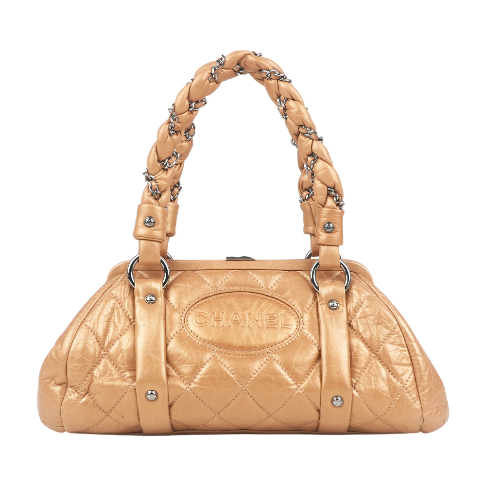 【CHANEL】圓形Logo 銀釦菱格紋小牛皮口金包/手提包(古銅金)