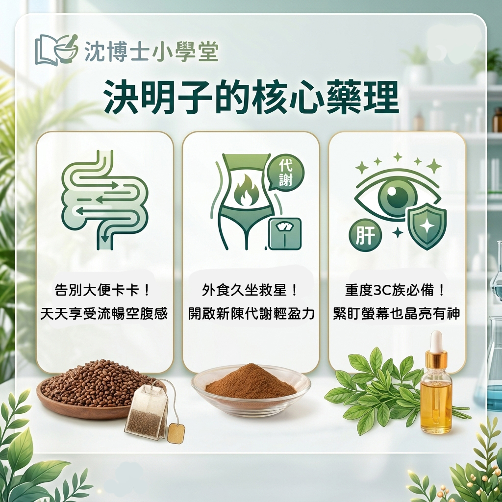 沈博士小學堂決明子的核心藥理寫實圖文:結合綠色線條知識風ICON與寫實生藥材照片,深度解析三大日常順暢健康指南,包含:告別大便卡卡天天享受流暢空腹感、外食久坐救星開啟新陳代謝輕盈力、以及重度3C族必備緊盯螢幕也能晶亮有神之核心植物藥理功能對照圖