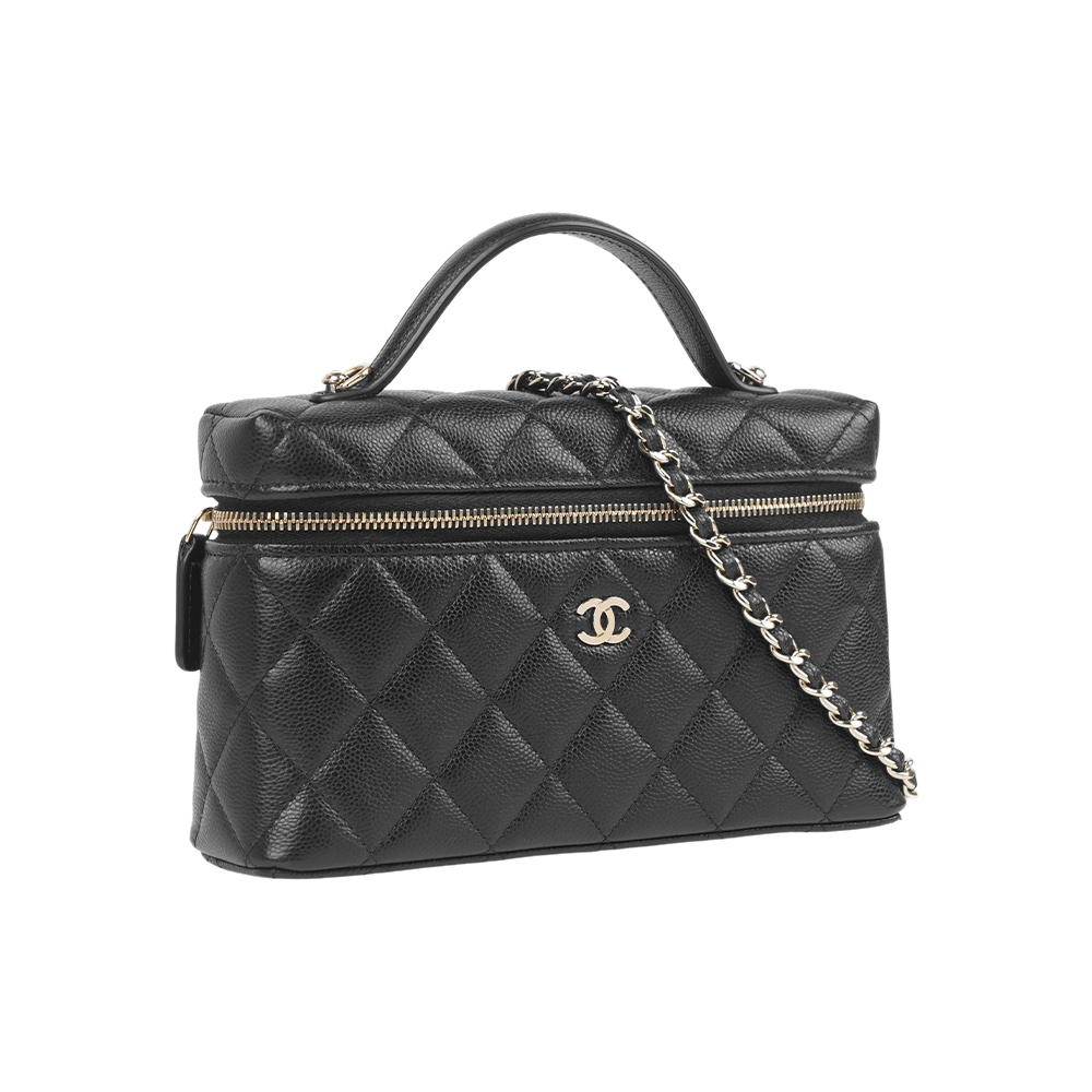 【CHANEL】淡金釦CC Logo 牛皮手提/斜背二用化妝包/飯盒包(黑色)