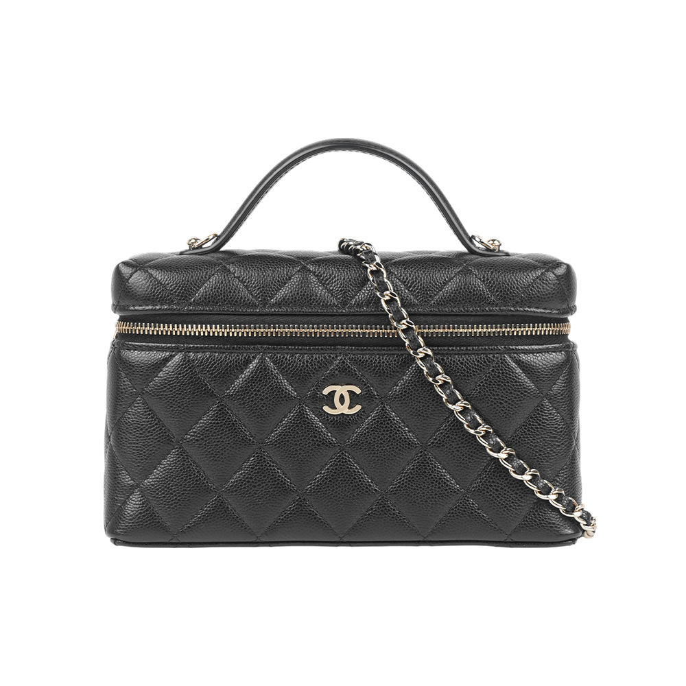 【CHANEL】淡金釦CC Logo 牛皮手提/斜背二用化妝包/飯盒包(黑色)