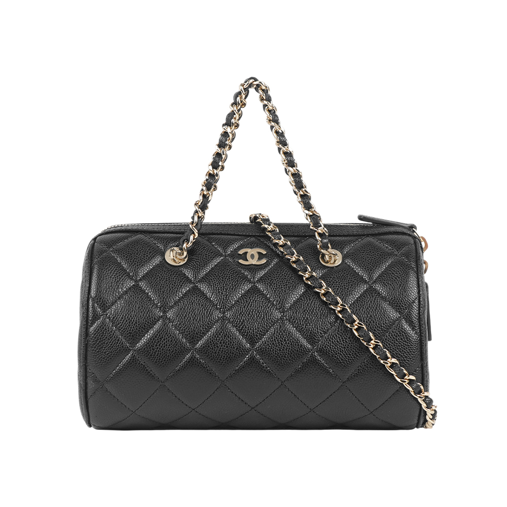 【CHANEL】淡金釦CC Logo 牛皮二用圓筒包/保齡球包(黑色)