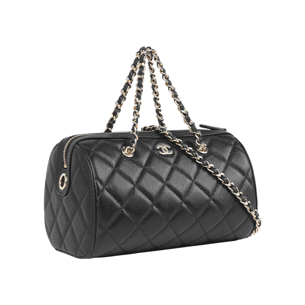 【CHANEL】淡金釦CC Logo 牛皮二用圓筒包/保齡球包(黑色)