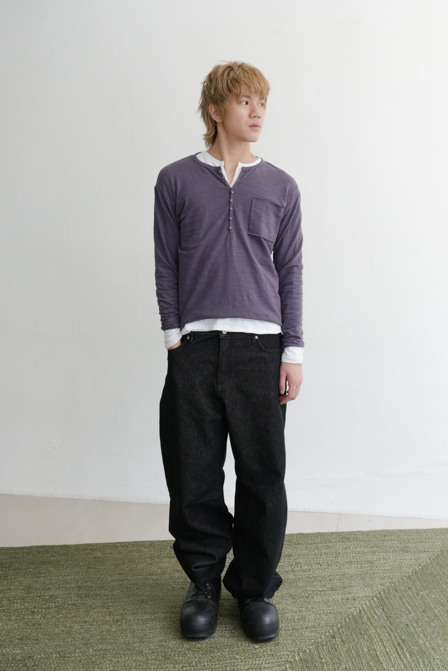 button slub henley neck long sleeve #上衣