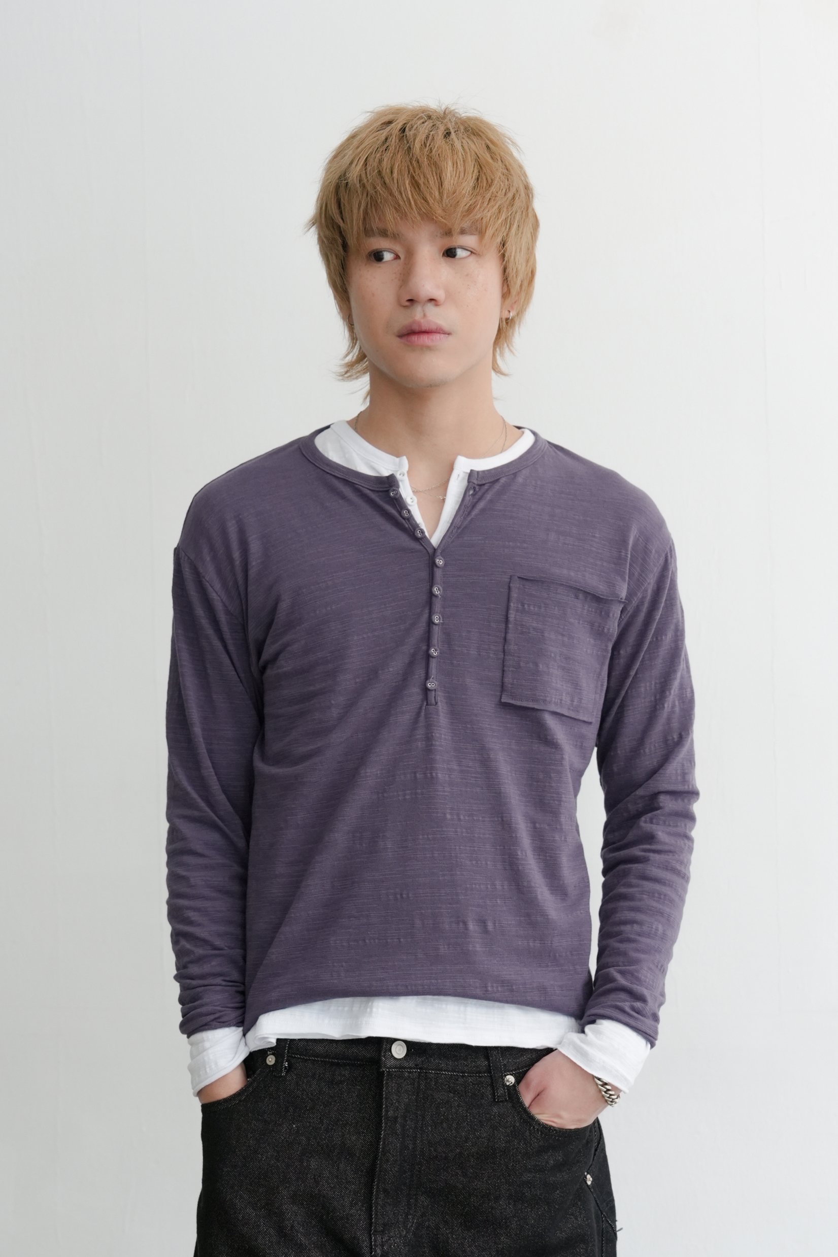 button slub henley neck long sleeve #上衣