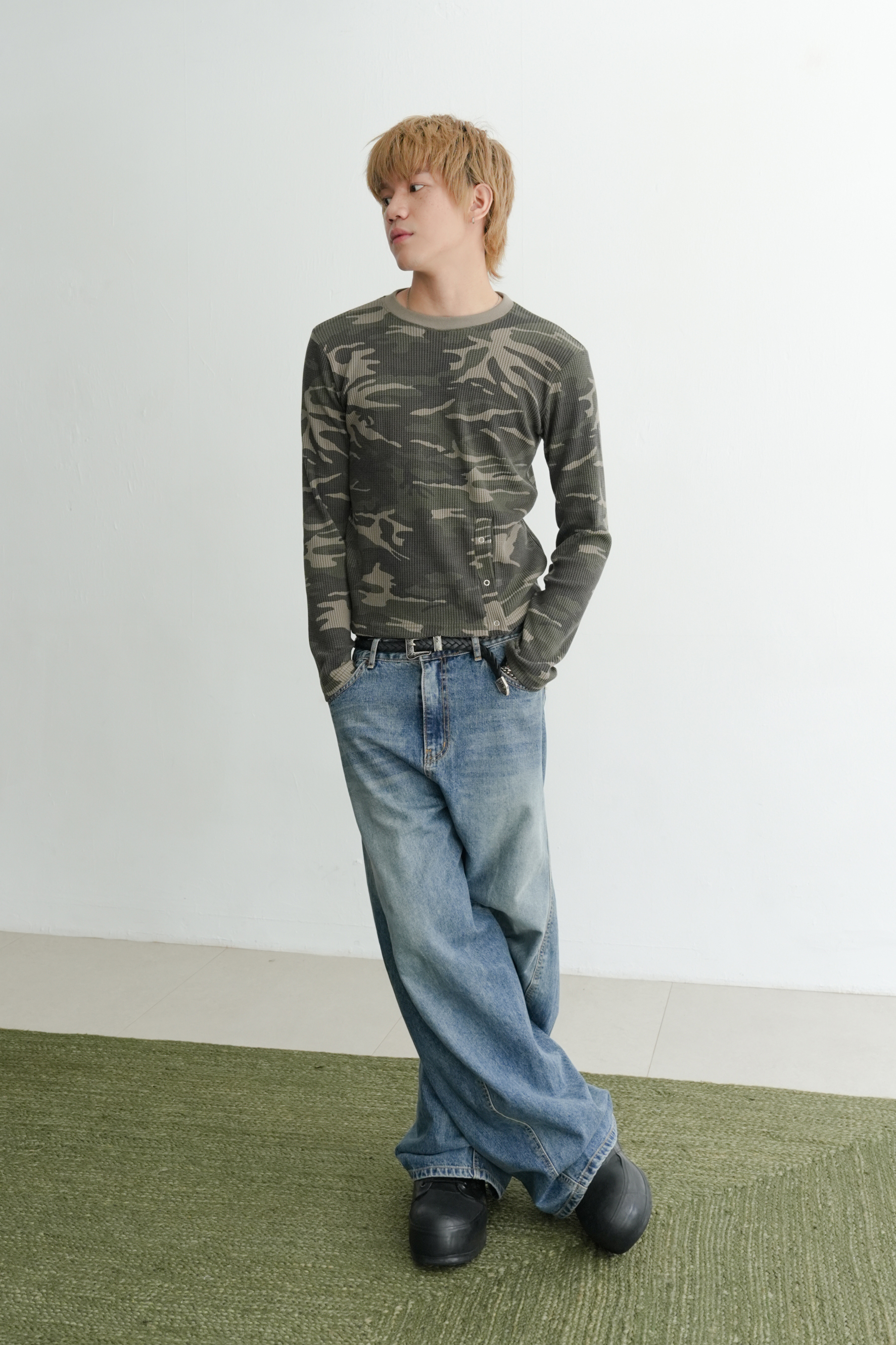 camo waffle snap slit long sleeve #上衣