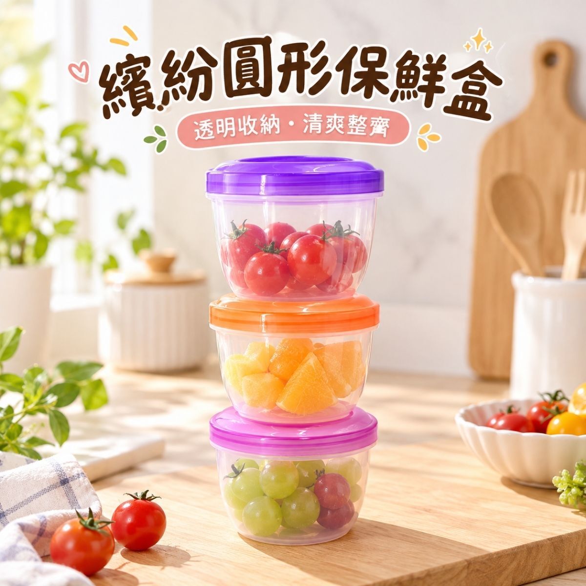 繽紛圓形保鮮盒｜密封保鮮盒 透明收納盒 食物分裝盒 水果盒 零食盒 冰箱收納盒 圓形密封罐【輕鬆購五金百貨】