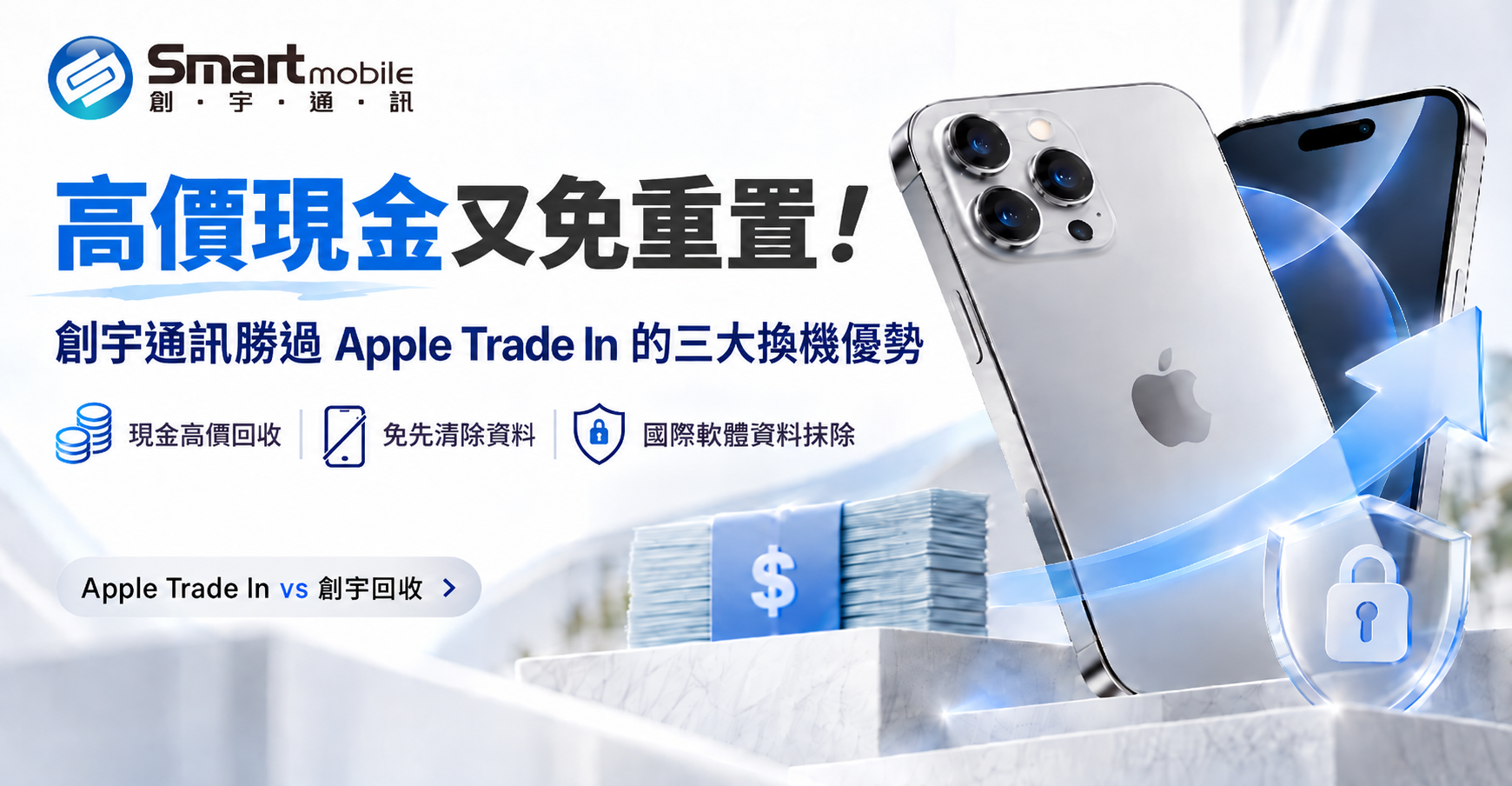 Apple Trade In 與創宇通訊手機回收比較，創宇提供高價現金回收、免先清除資料與國際軟體資料抹除