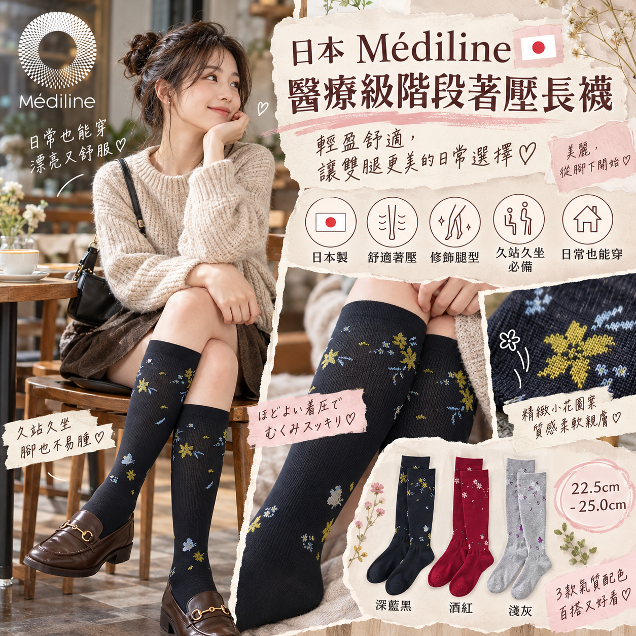 【預購】JM100813 日本 Médiline 醫療級階段著壓長襪