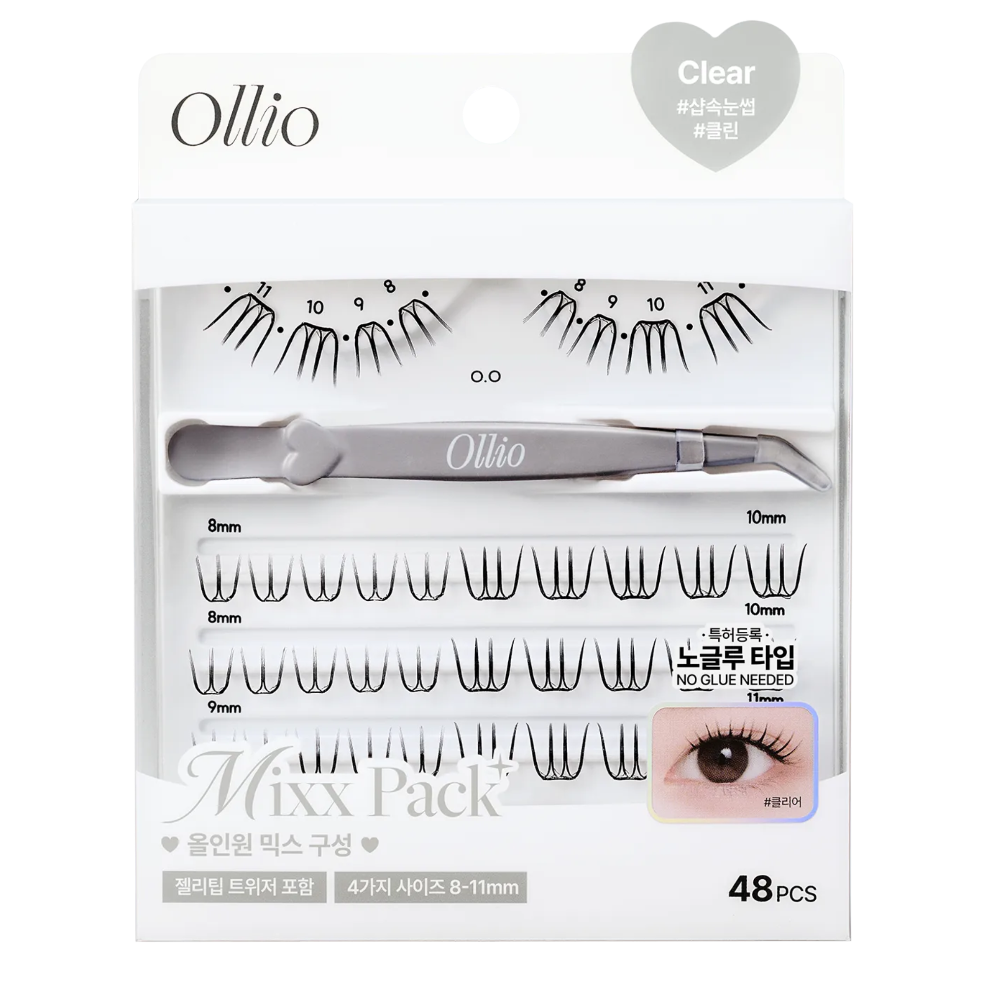 Ollio No Glue Eyelash#Clear [Mixx PACK] (8/9/10/11mm) 48pcs