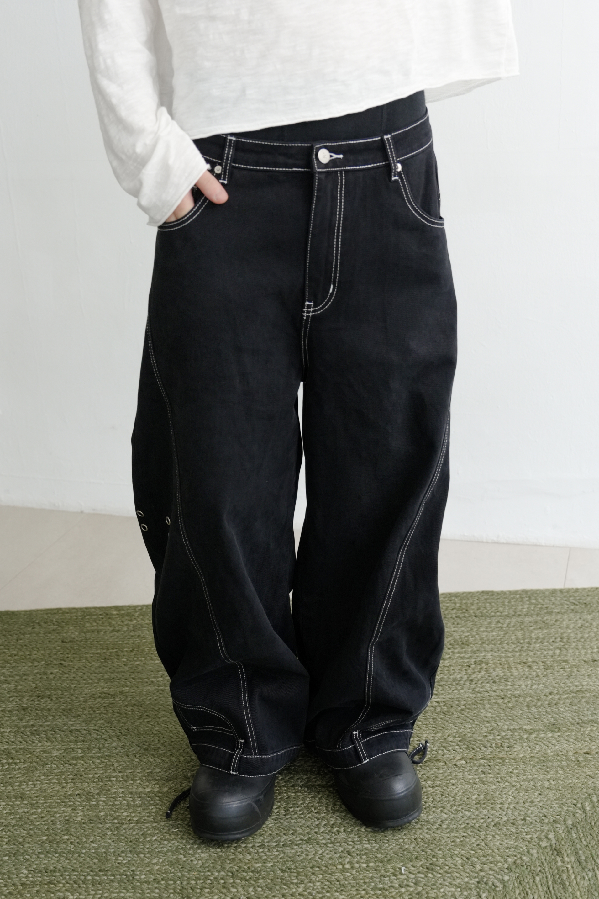 eyelet hem waistband denim pants #長褲