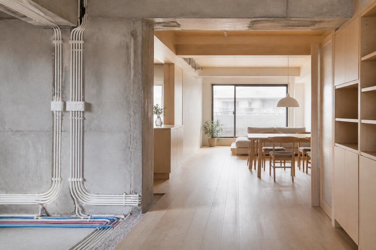 日系暖色調的老屋翻新住宅室內,重新整理過的明亮客廳與木質地板,象徵老屋水電管線更新後的安心生活