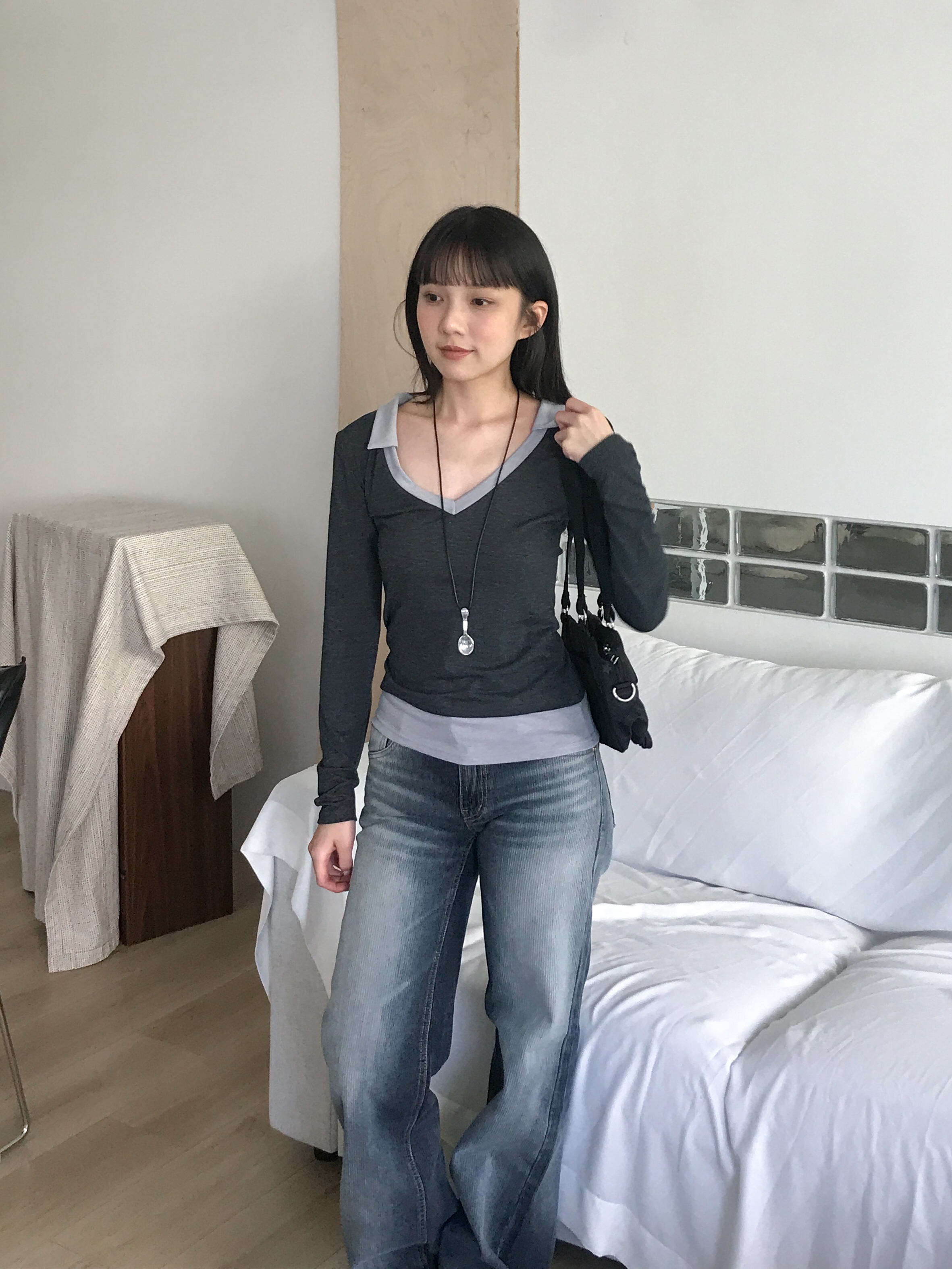 contrast collar tee #上衣