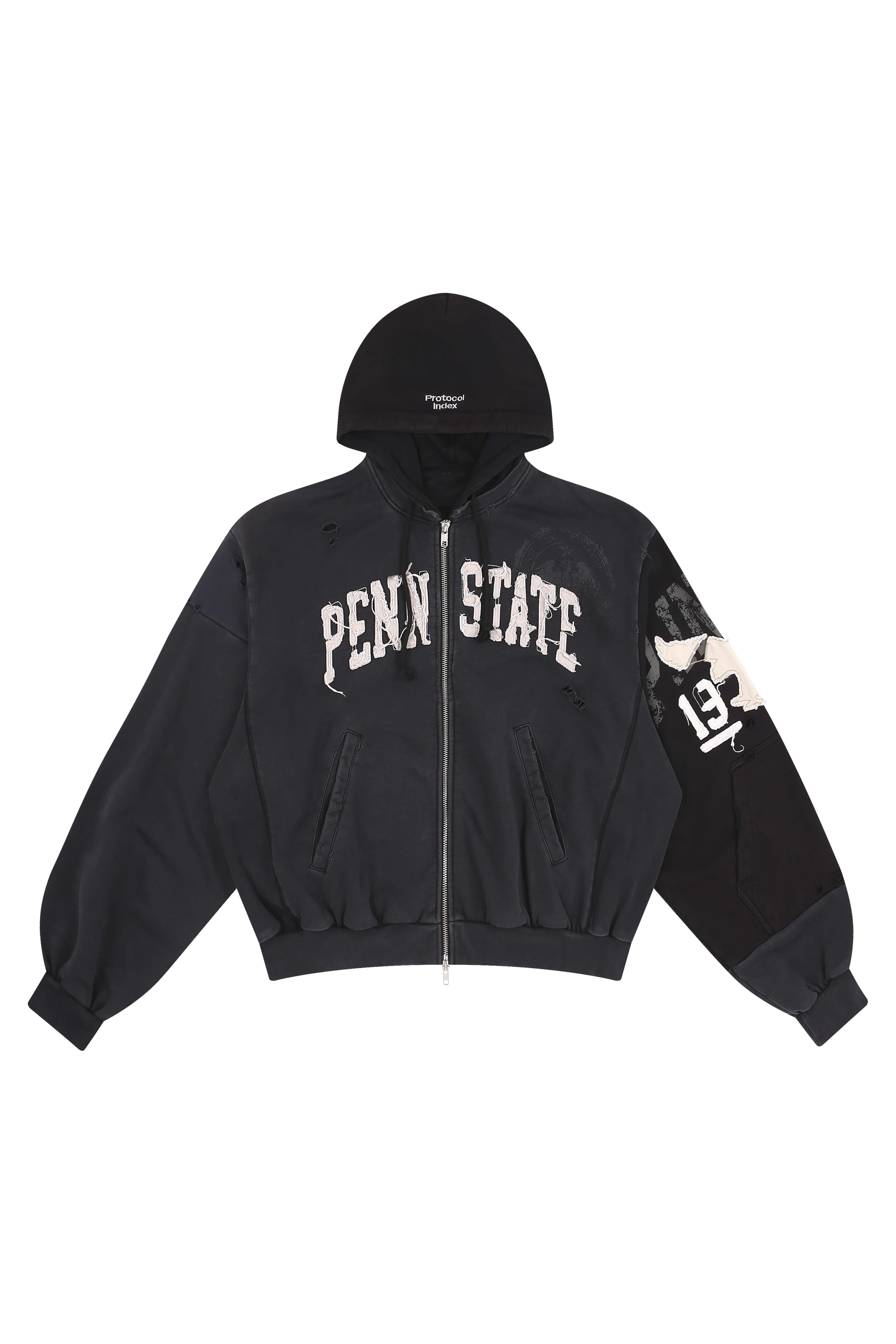 Protocol Index｜Reconstructed Appliqué Sweatshirt Zip Hoodie (Black)