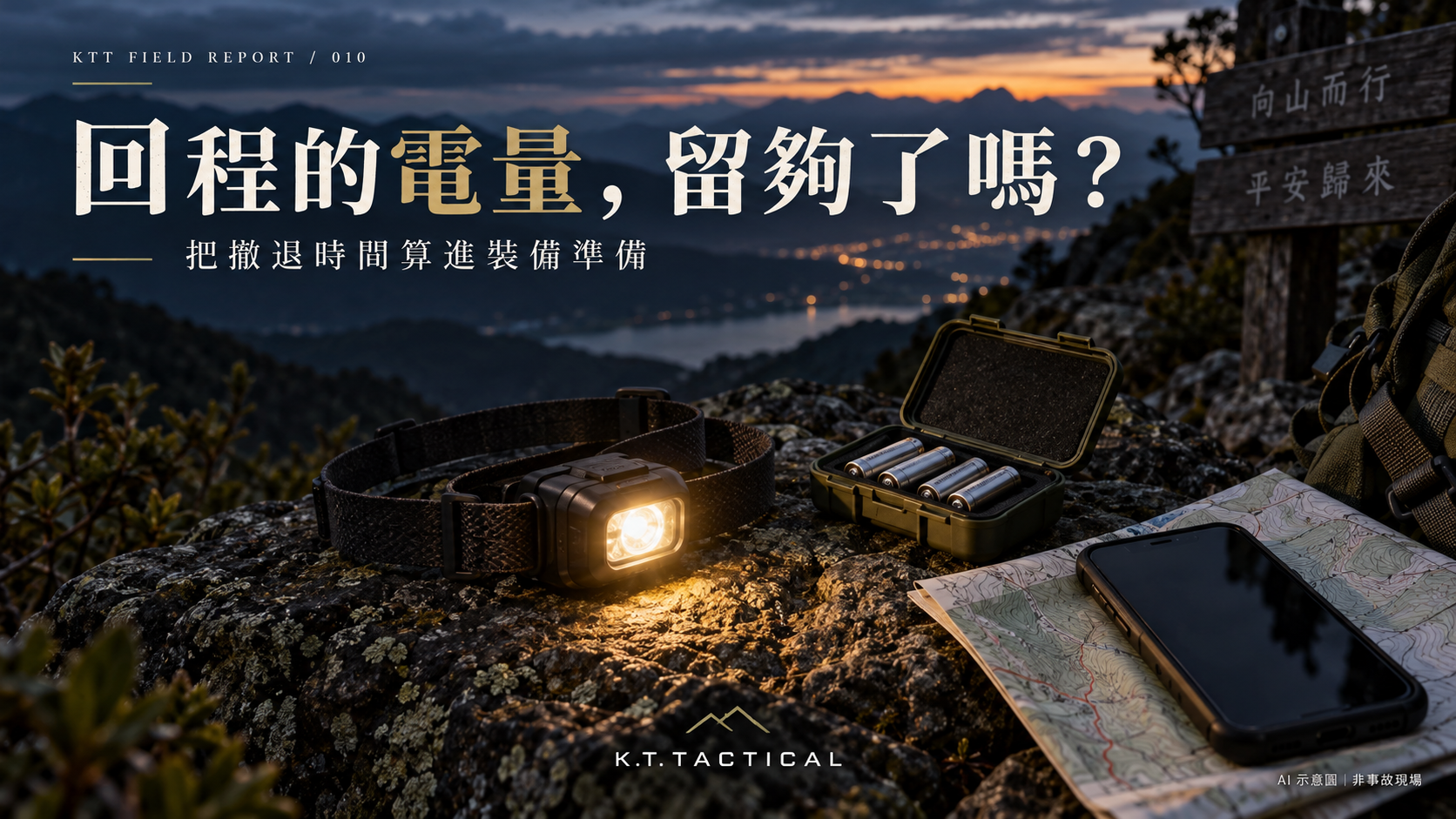 AI illustration of a headlamp, spare batteries and map; not the incident scene