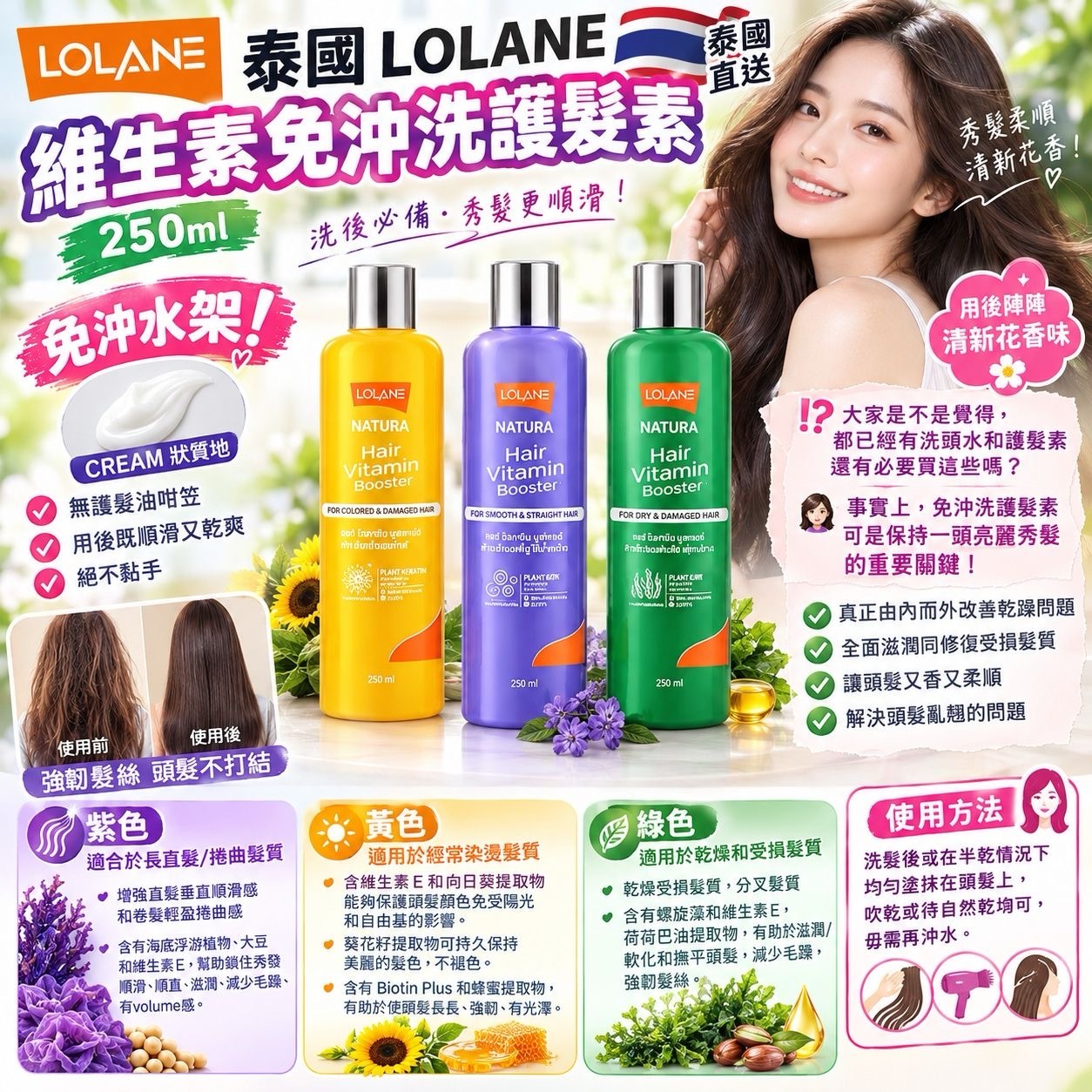 泰國LOLANE維生素免沖洗護髮素250ml