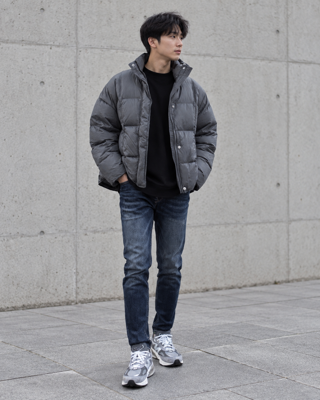 灰色蓬鬆外套搭配黑色內搭、藍色牛仔褲與運動鞋