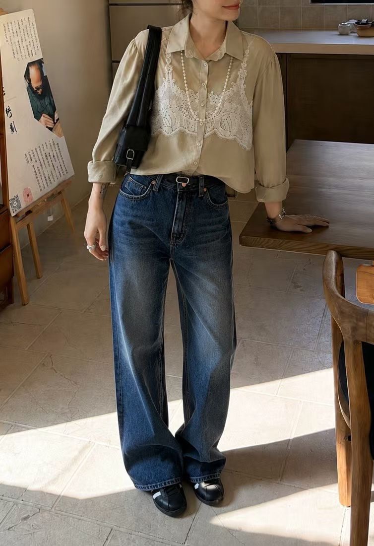 蕾絲馬甲假兩件襯衫