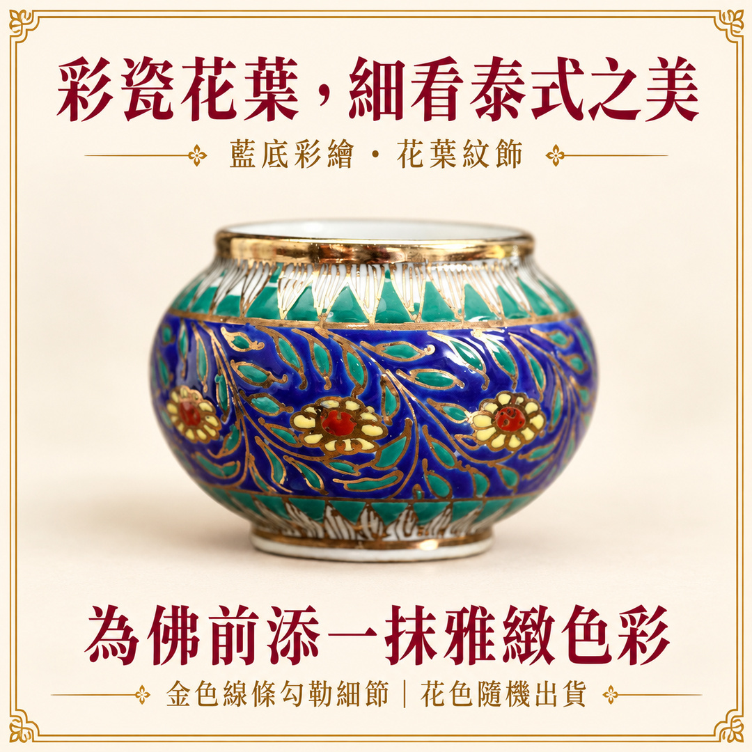 彩瓷花葉,細看泰式之美;藍底綠葉與紅黃花朵