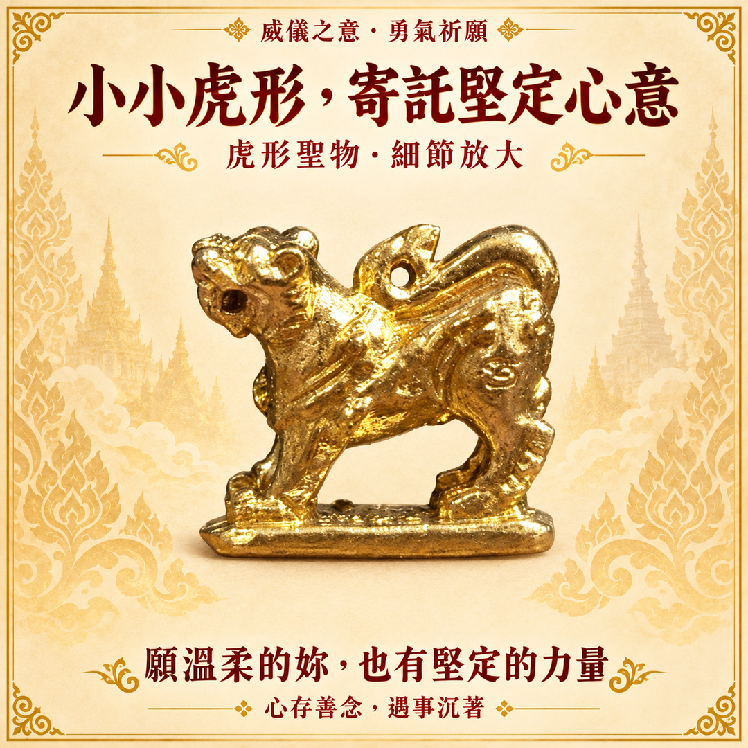 黃銅虎聖物細節放大圖：小小虎形，寄託堅定心意