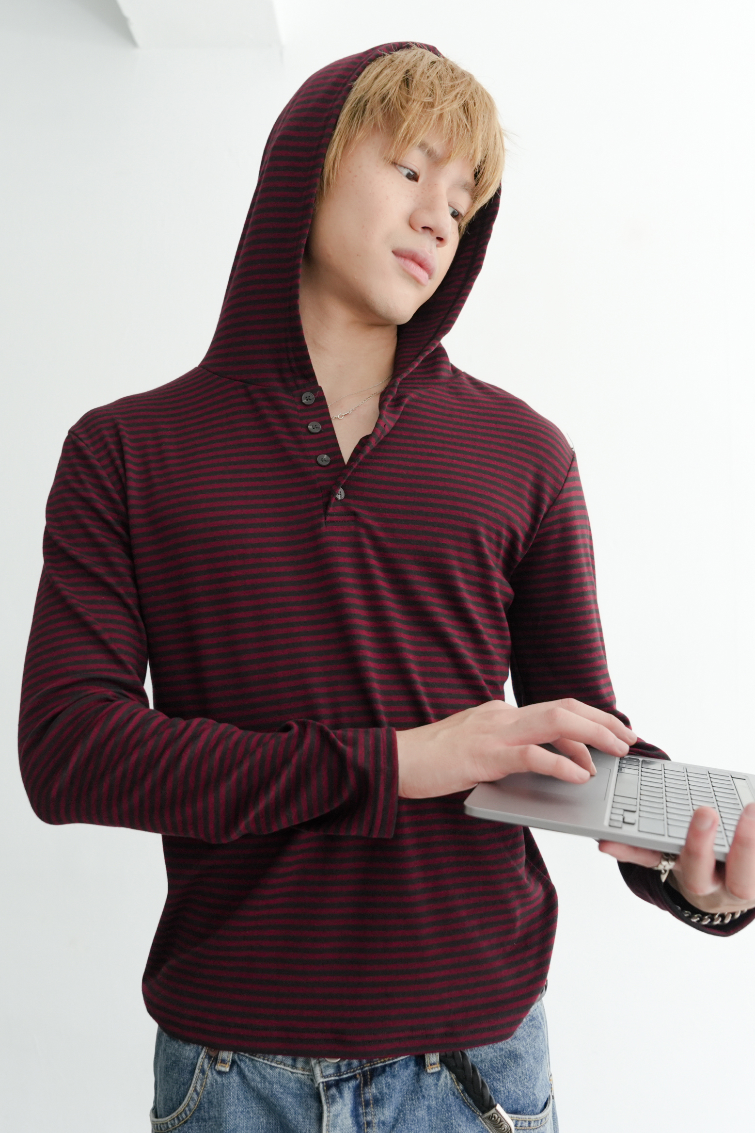 stripe henley hooded long sleeve #上衣