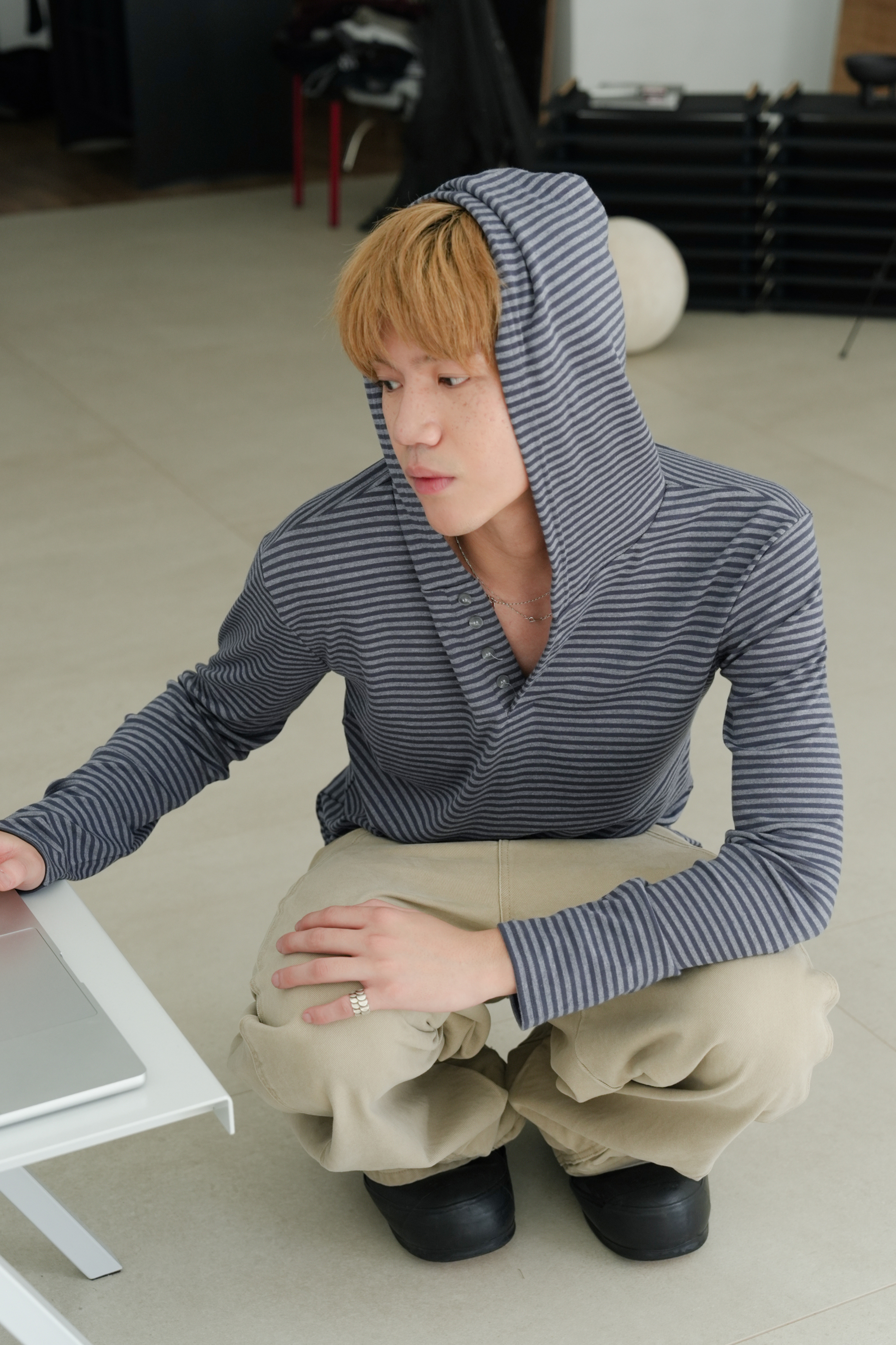 stripe henley hooded long sleeve #上衣