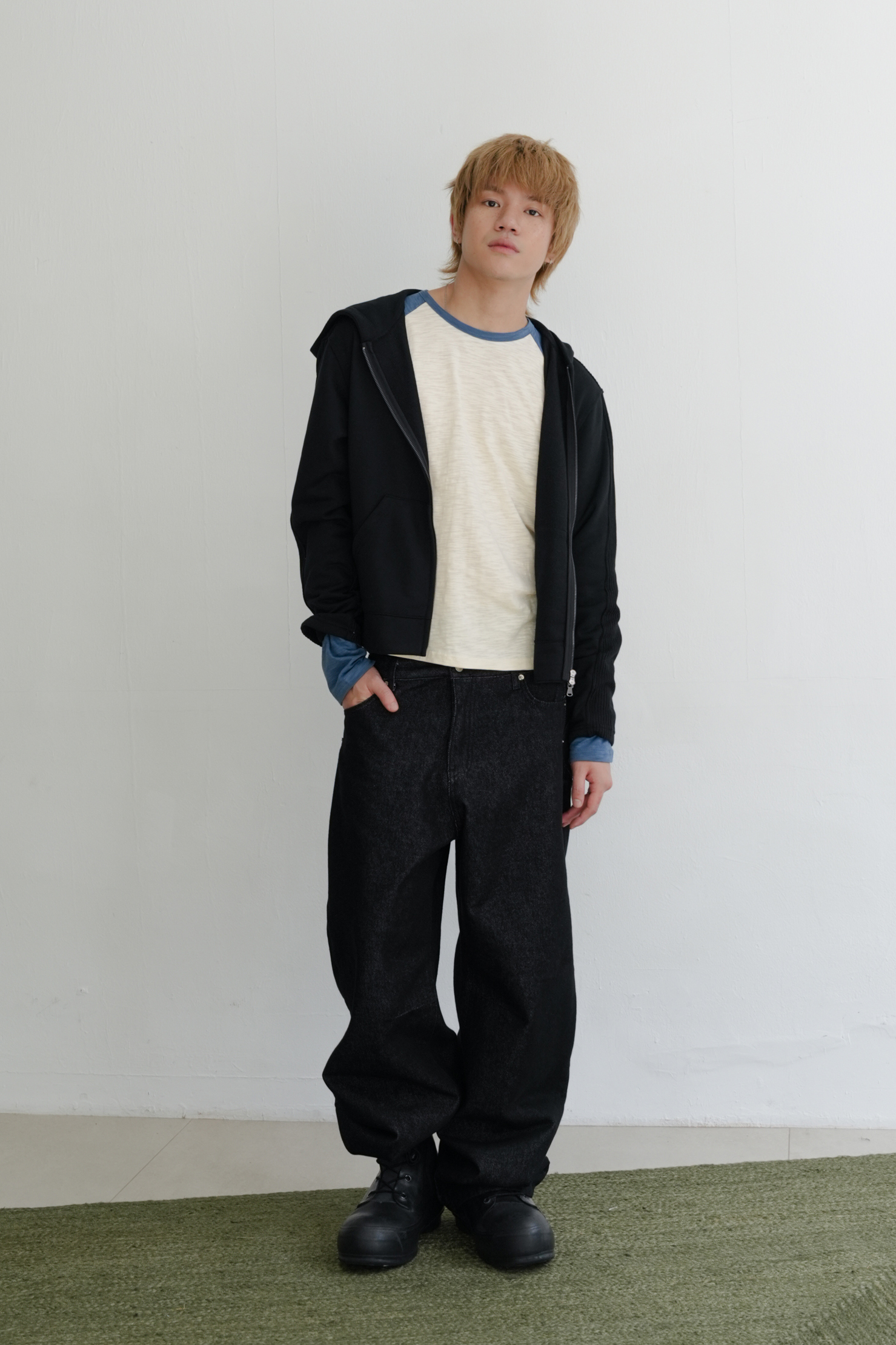 Ain Ribbed Contrast Hood Zip-Up #外套