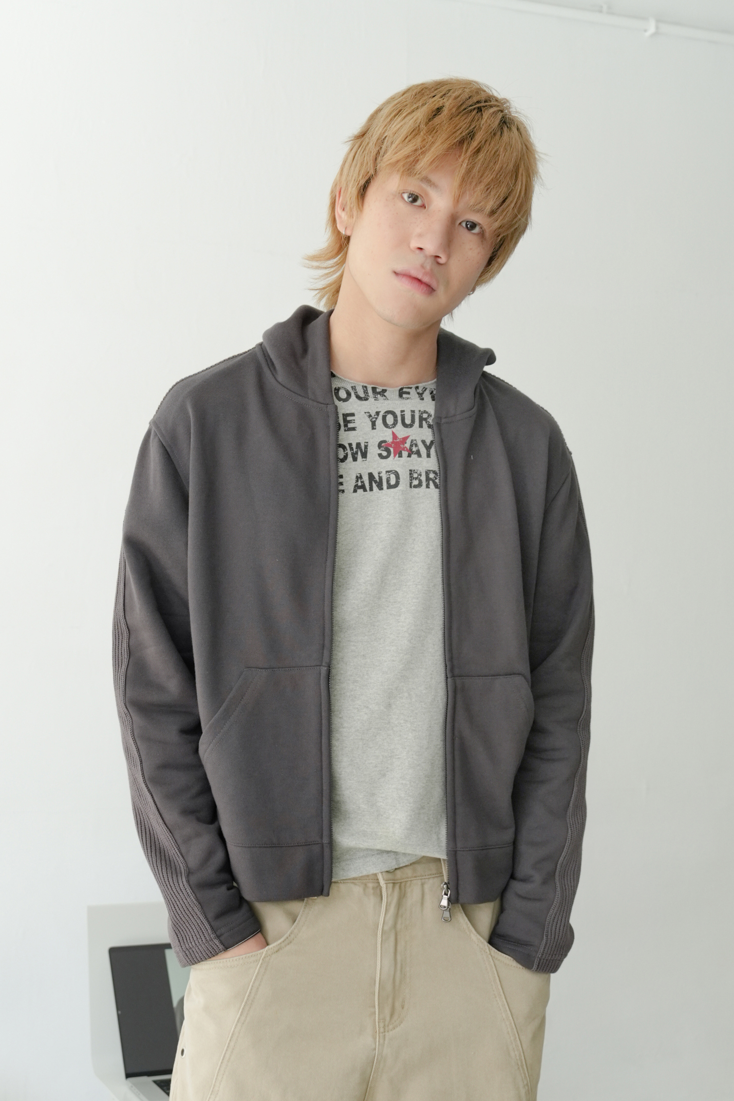 Ain Ribbed Contrast Hood Zip-Up #外套