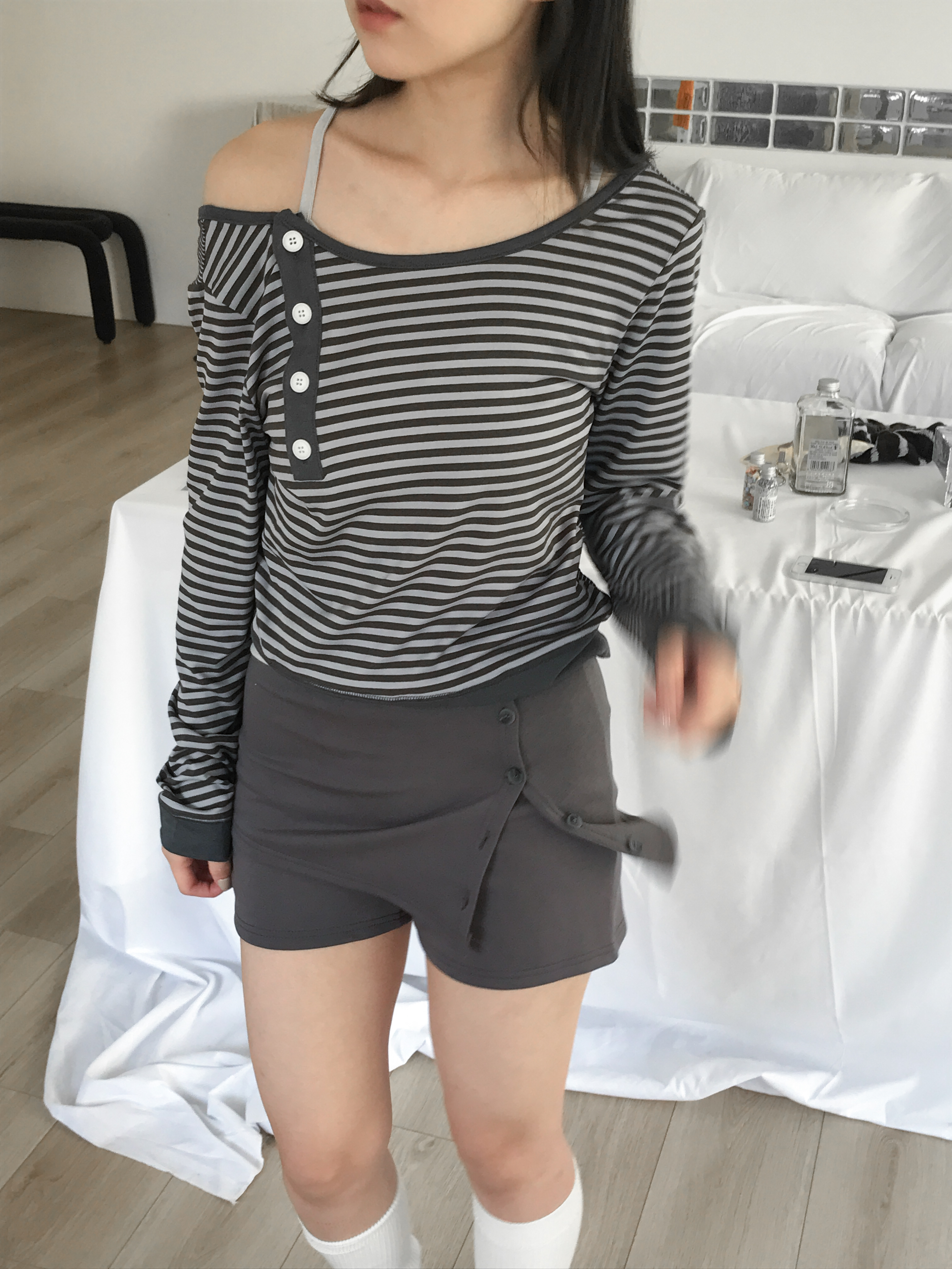double stripe button tee #上衣
