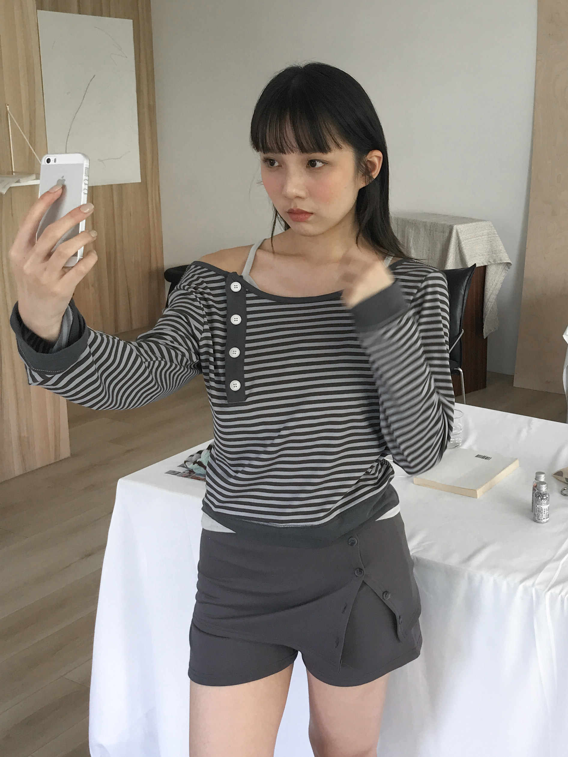 double stripe button tee #上衣