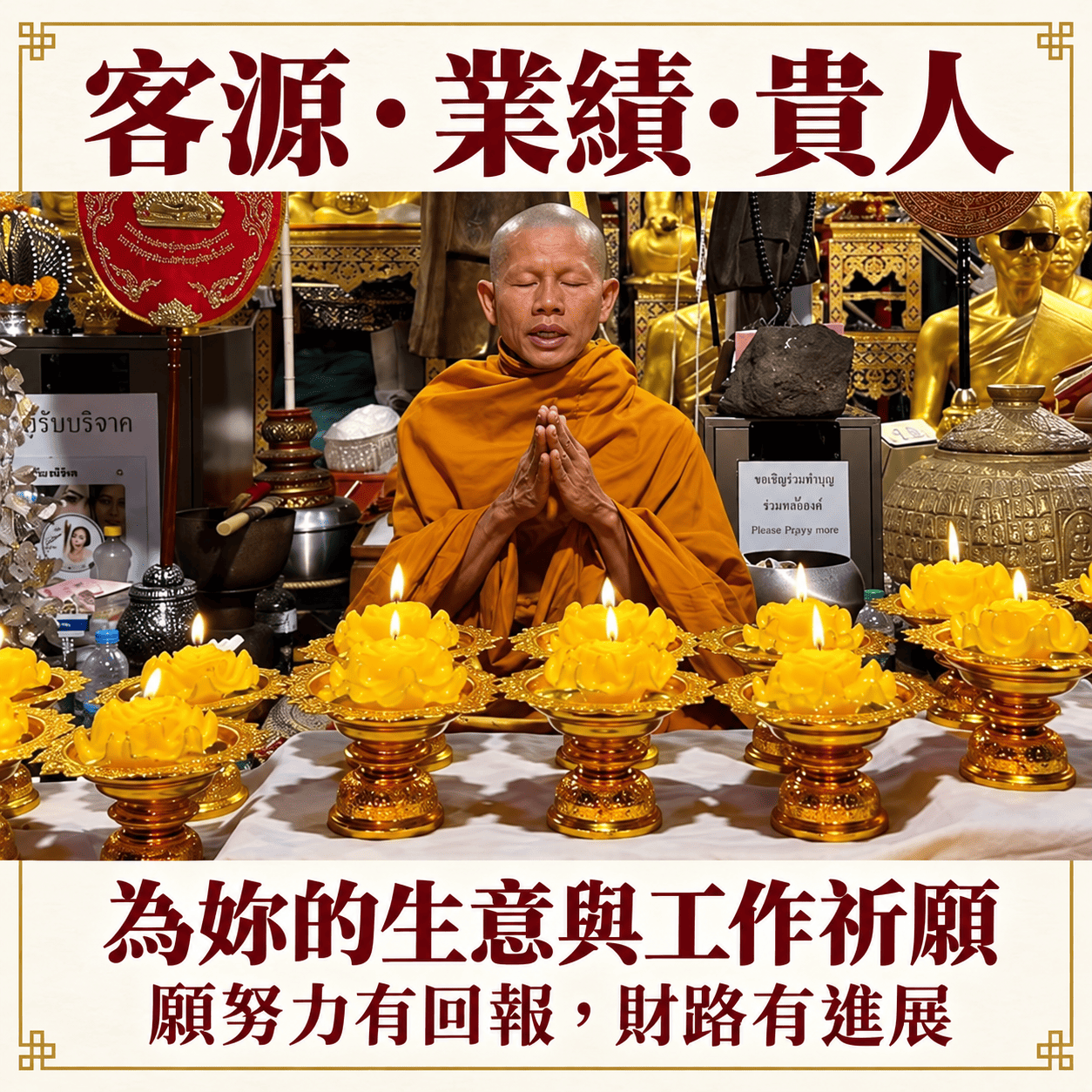 高僧於黃色招財燈前雙手合掌,為客源、業績與貴人祈願