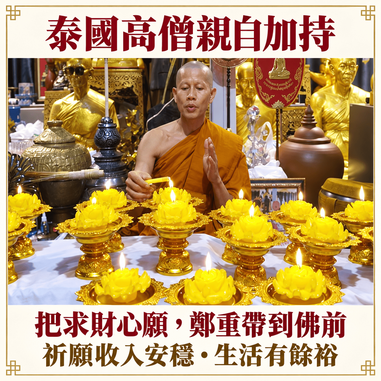 泰國高僧為成排黃色招財燈點燈加持
