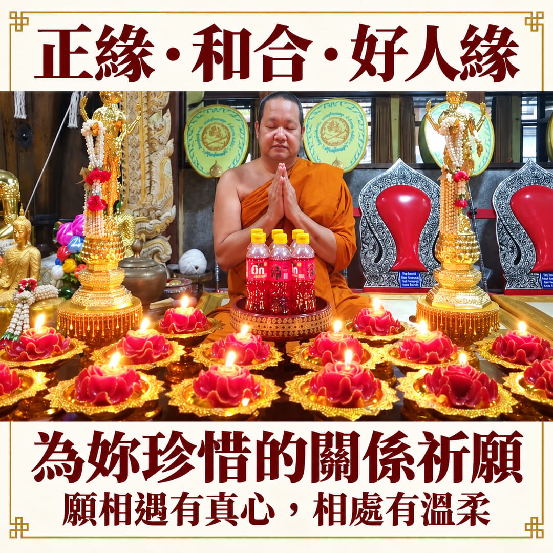 高僧於成排紅色人緣燈前合掌,為正緣、和合與好人緣祈願