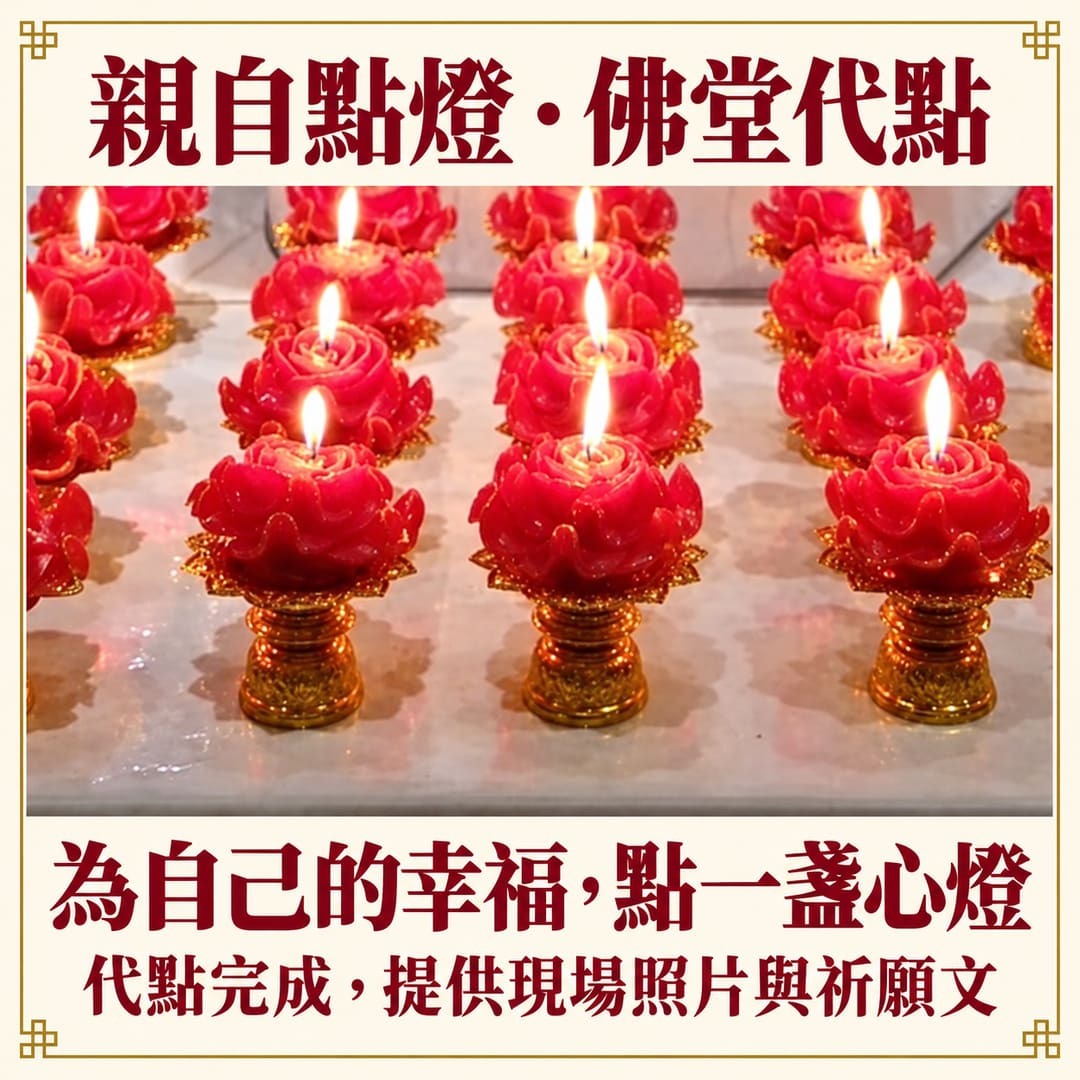 佛前多盞紅色人緣燈,說明親自點燈與佛堂代點方式