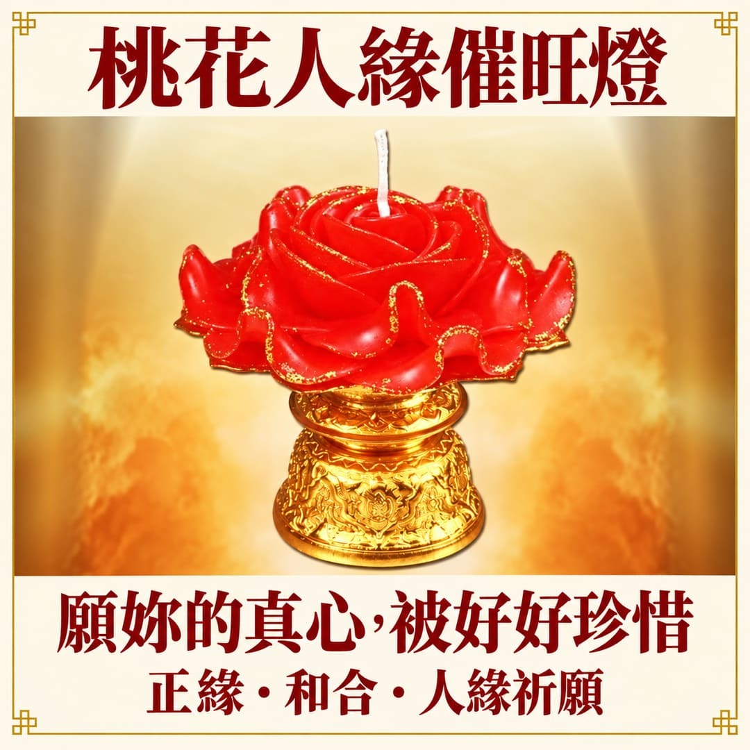 桃花人緣催旺燈:紅色玫瑰燈與金色燭座,標題為願妳的真心被好好珍惜