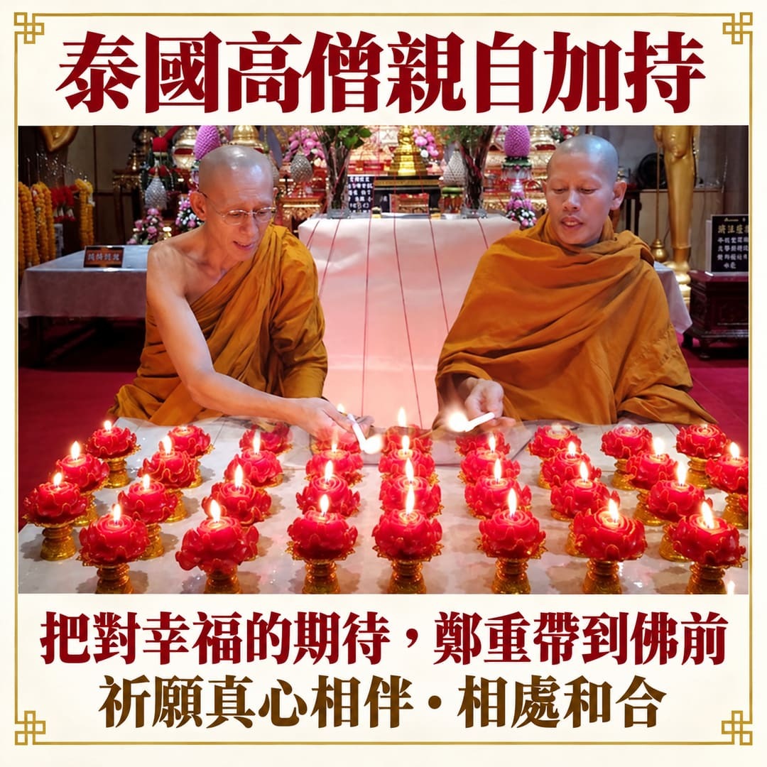 兩位泰國高僧為紅色人緣燈點燈加持,祈願真心相伴與相處和合