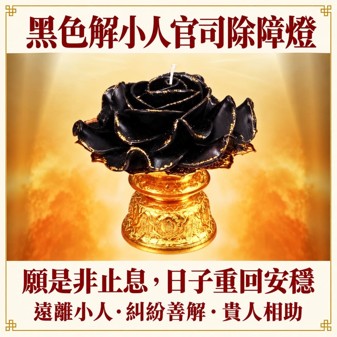 黑色解小人官司除障燈:黑色玫瑰燈與金色燭座,祈願是非止息與生活安穩