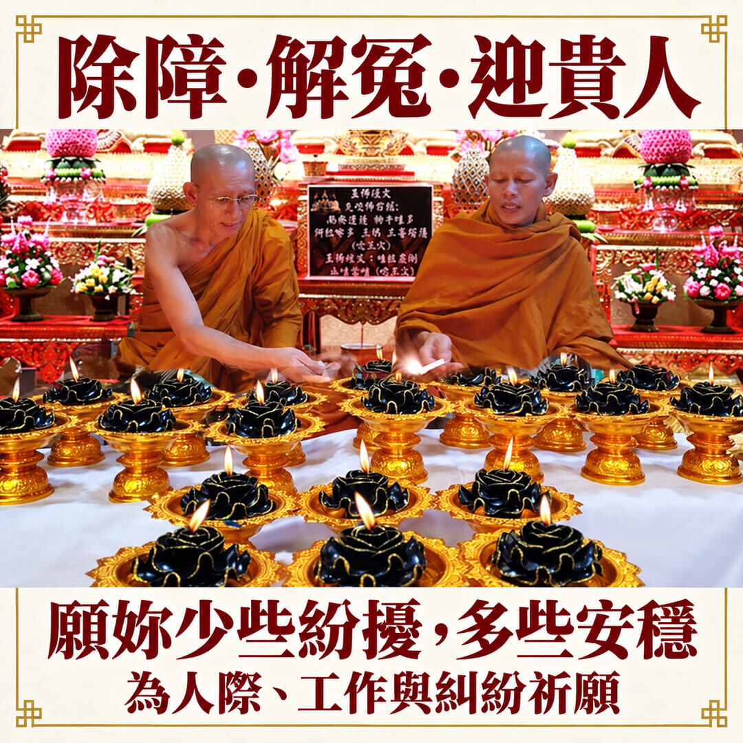 兩位高僧為成排黑色除障燈點燈,為人際、工作與糾紛祈願