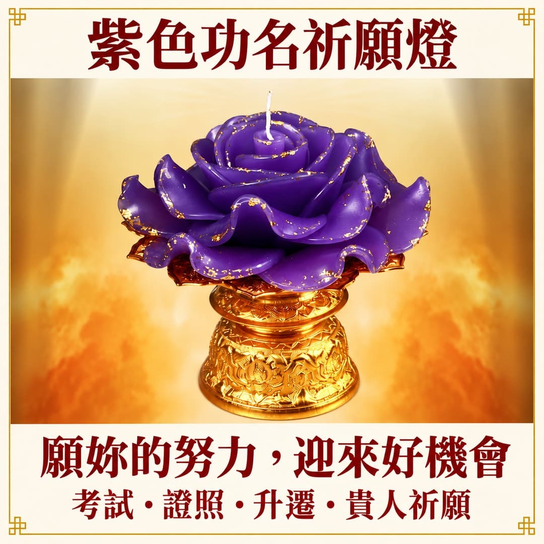 紫色功名祈願燈:紫色玫瑰燈與金色燭座,為考試、證照、升遷與貴人祈願