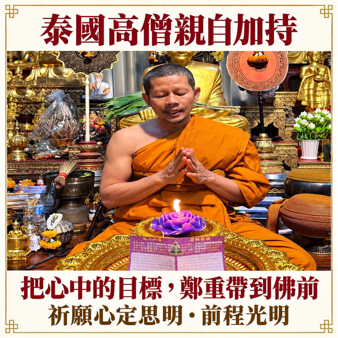 泰國高僧於紫色功名燈前合掌,祈願心定思明與前程光明