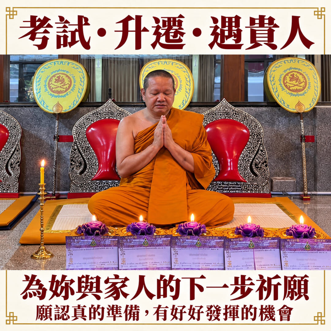 高僧於成排紫色功名燈與登記卡前合掌,為考試、升遷與遇貴人祈願