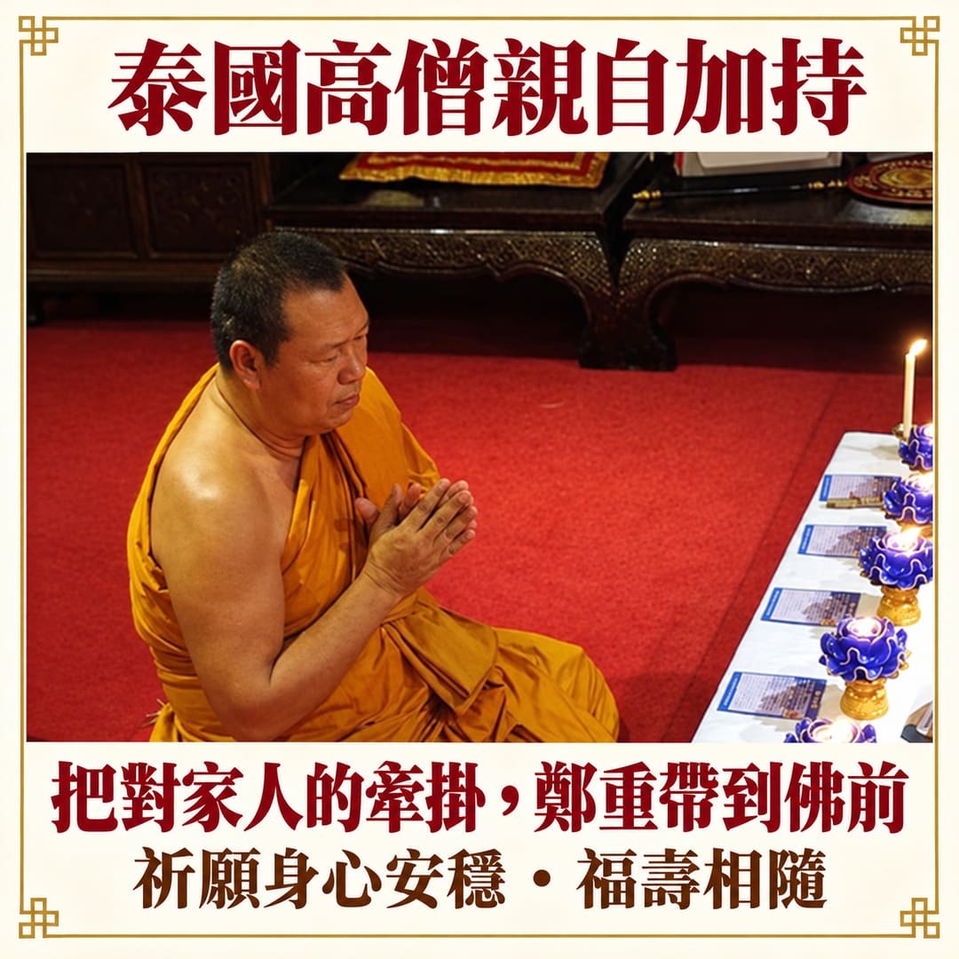 泰國高僧雙手合掌，將對家人的牽掛帶到佛前祈願