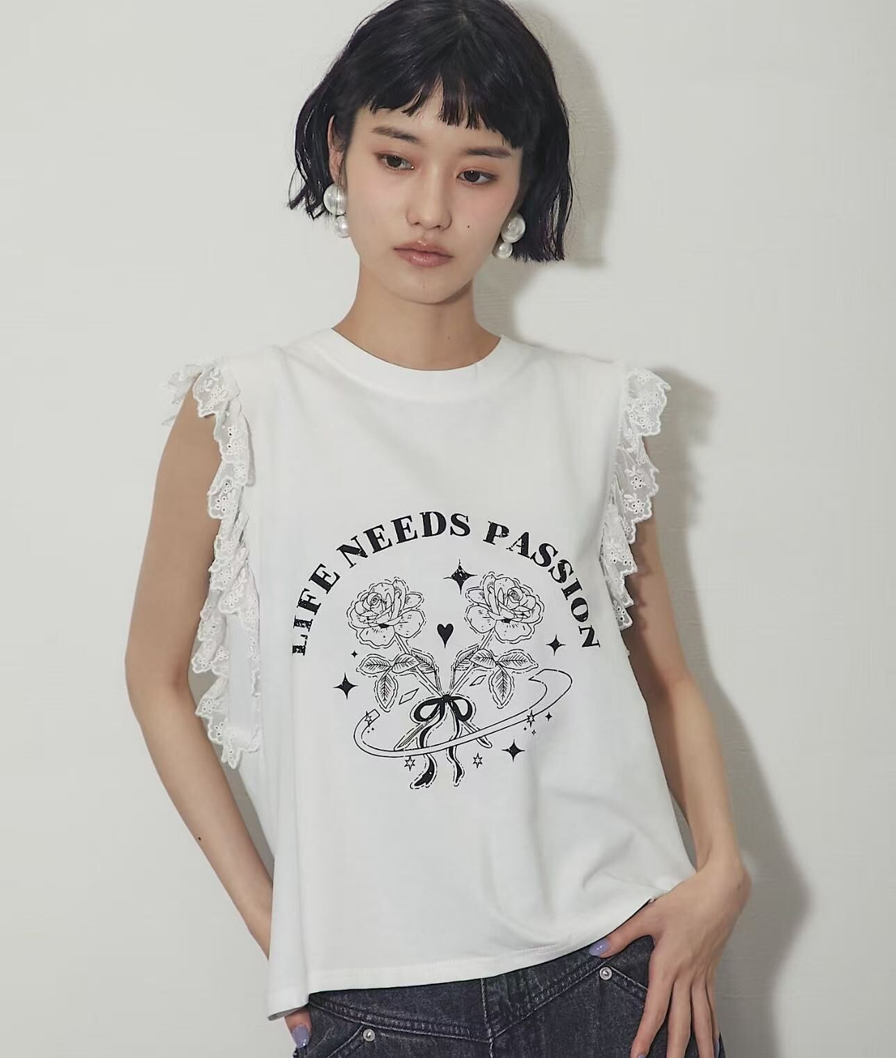 【預購】JM100903 ANOTHER S 蕾絲拼接印花短袖上衣